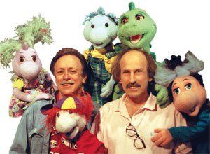 David and Freddy with a cast of puppets